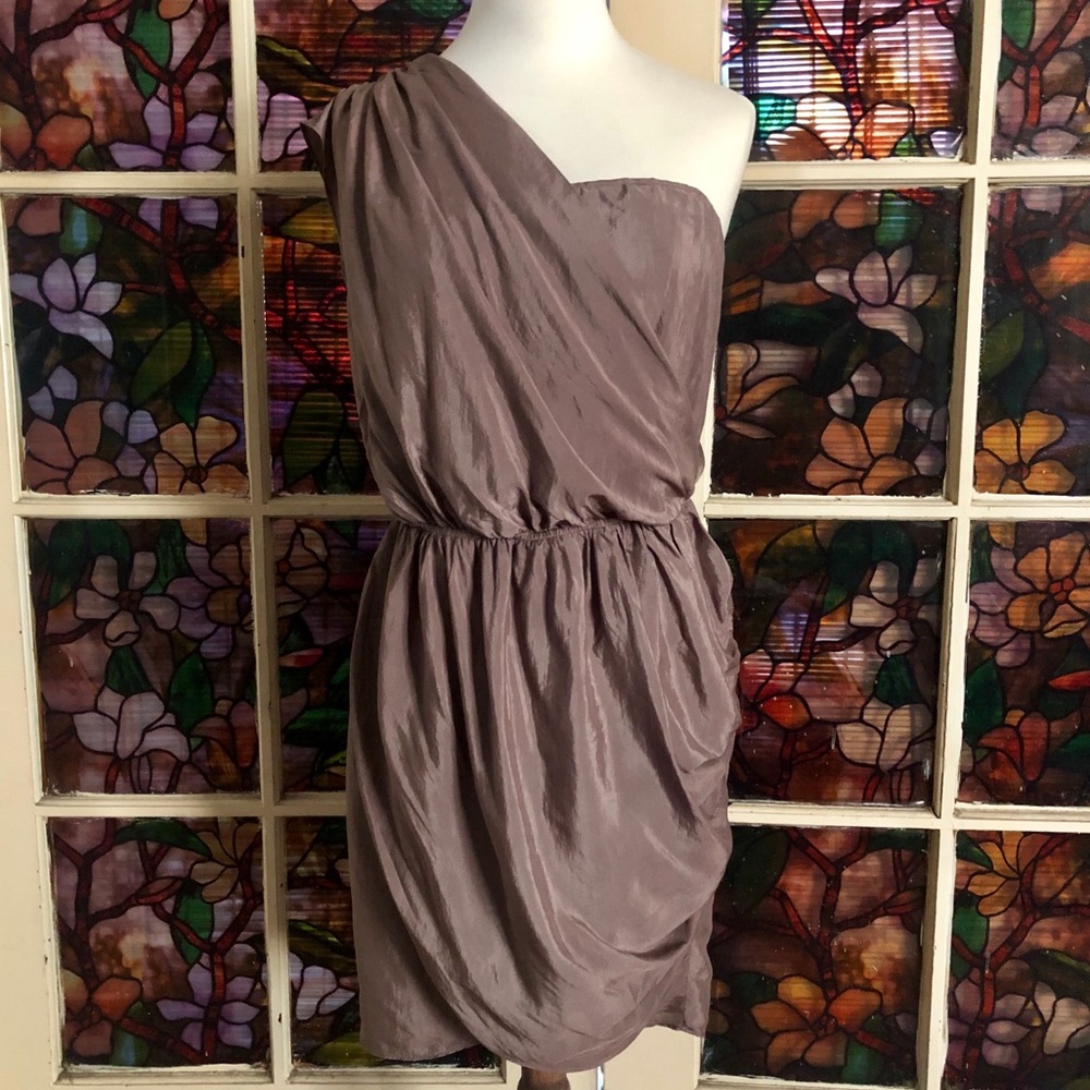 BCBGeneration Draped One Shoulder Taupe Dress.NWT